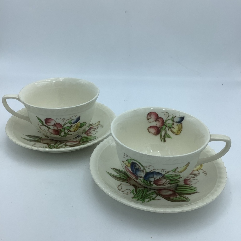 Two Vintage Johnson Brothers Sweet Pea Old Flower Prints Cups and Saucers